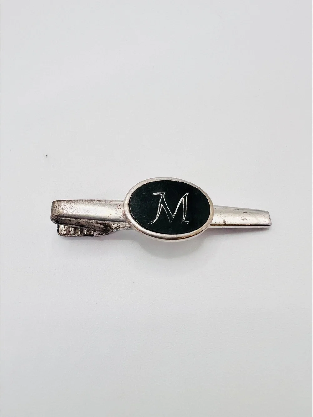 Vintage ANSON Tie Clip Black Oval Script M Initial Silver Tone 2”